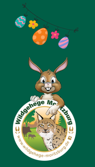 Grafik eines Osterhasen, der das Logo des Wildgeheges hält.