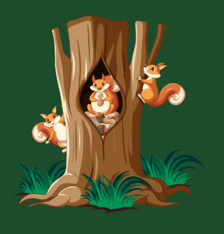 Grafik eines Baumes mit drei Eichhörnchen