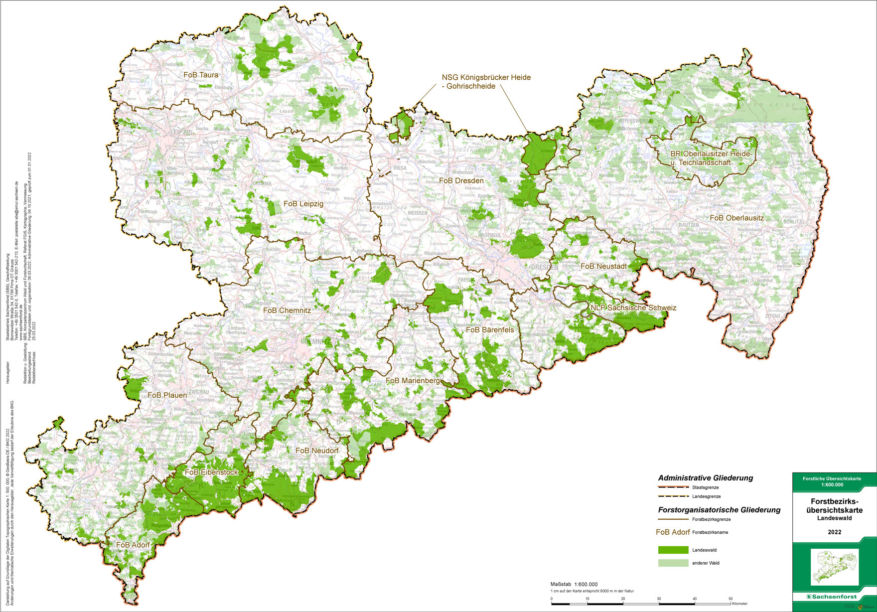 Übersichtskarte der sächsischen Forstbezirke