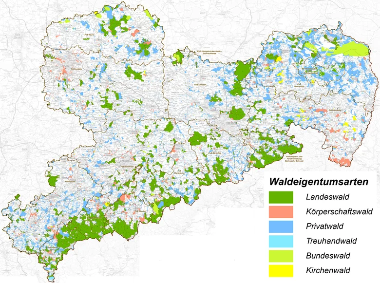 Karte Forstbezirke und Waldfl&auml;chen nach Eigentumsarten