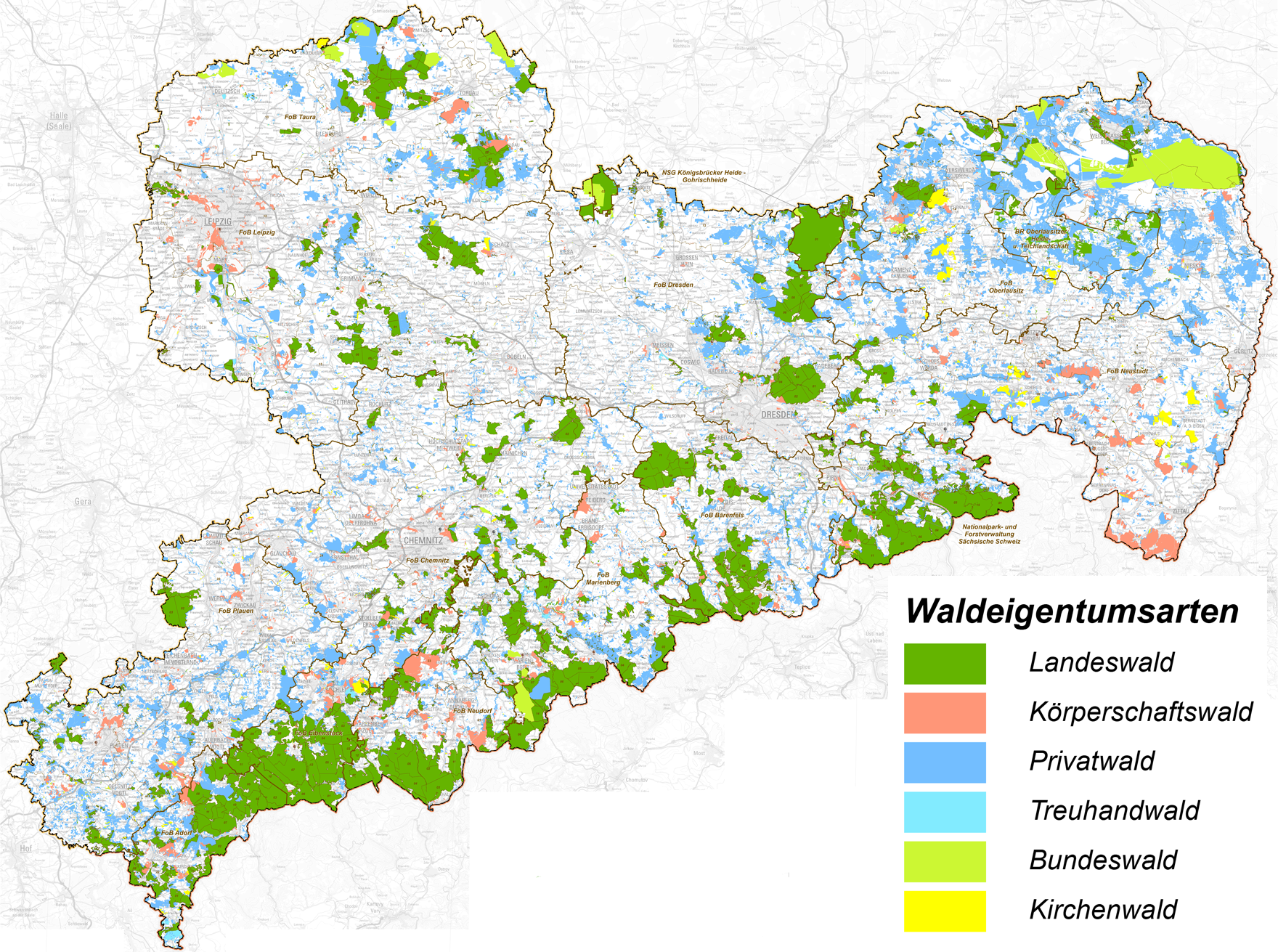 Karte Forstbezirke und Waldflächen nach Eigentumsarten