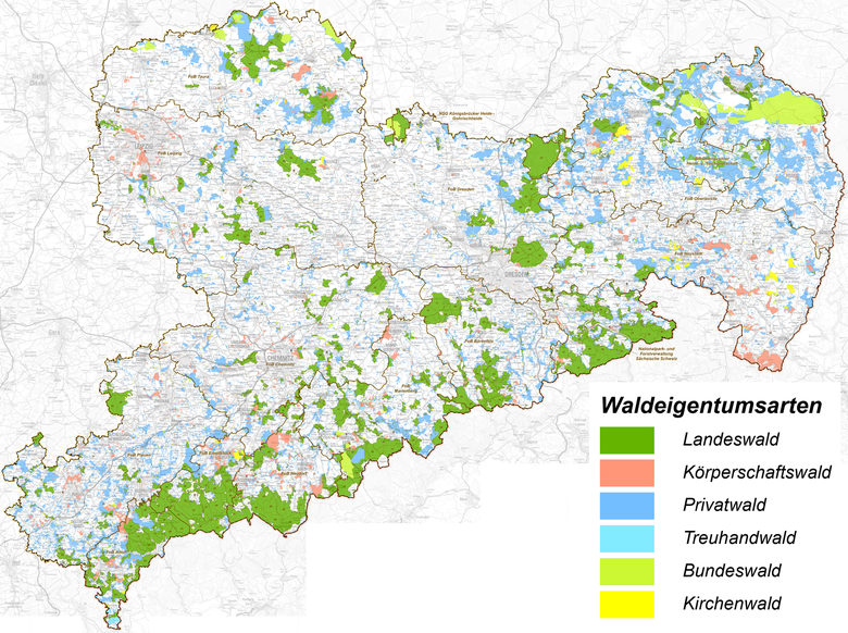 Übersichtskarte von Sachsen mit Waldeigentumsarten