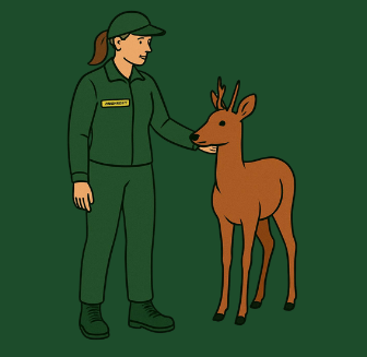 Grafik eines Tierpflegers mit einem Rehbock