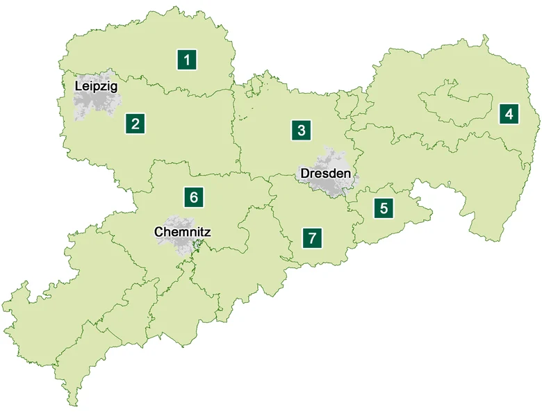 Übersichtskarte der Forstbezirke in Sachsen