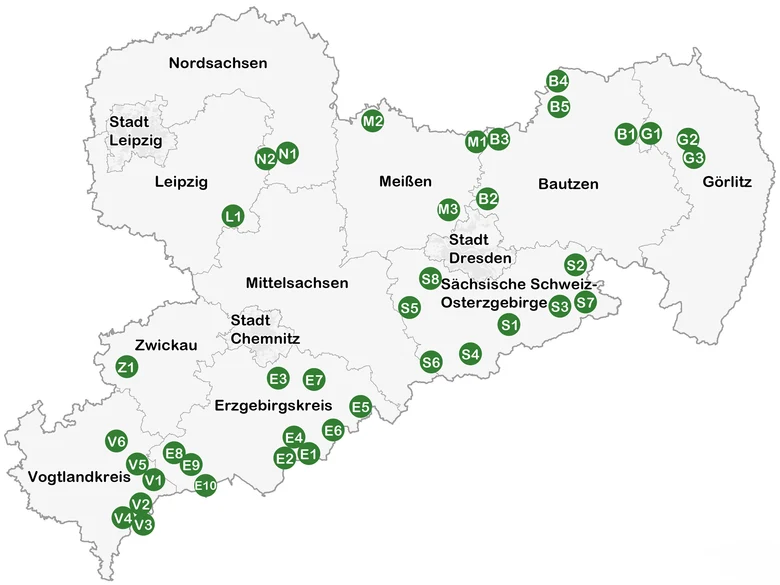 &Uuml;bersichtskarte der s&auml;chsischen Landkreise mit Punkten f&uuml;r Ausfl&uuml;ge