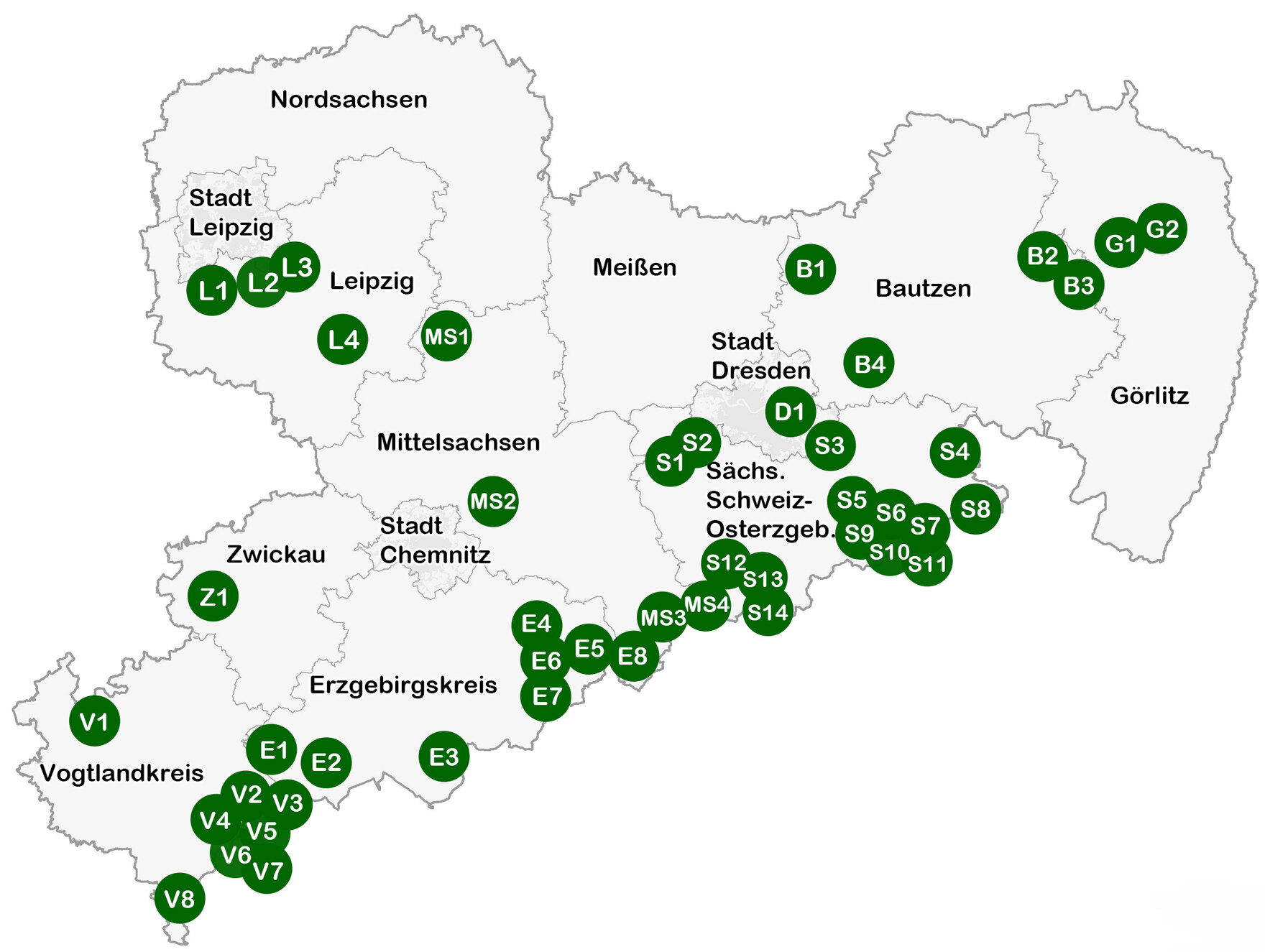 Übersichtskarte von Sachsen mit den Standorten der Lehrpfade in den Landkreisen.