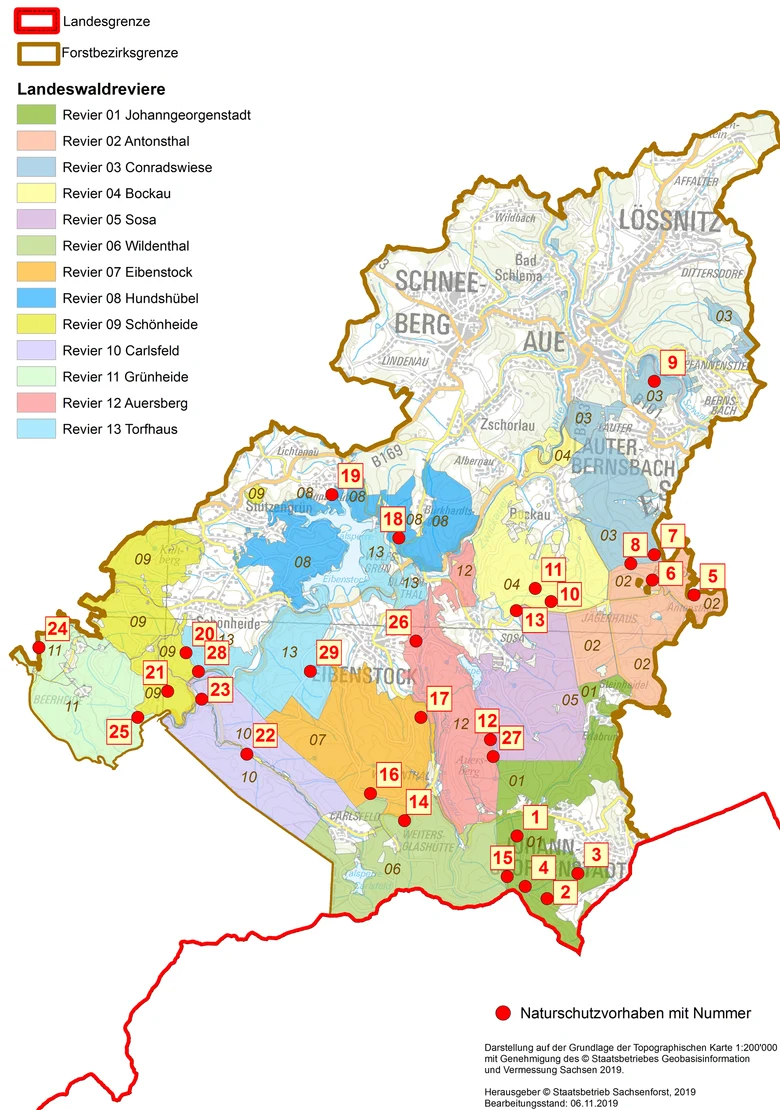 &Uuml;bersichtskarte des Forstbezirkes Eibenstock mit den Einzelvorhaben.