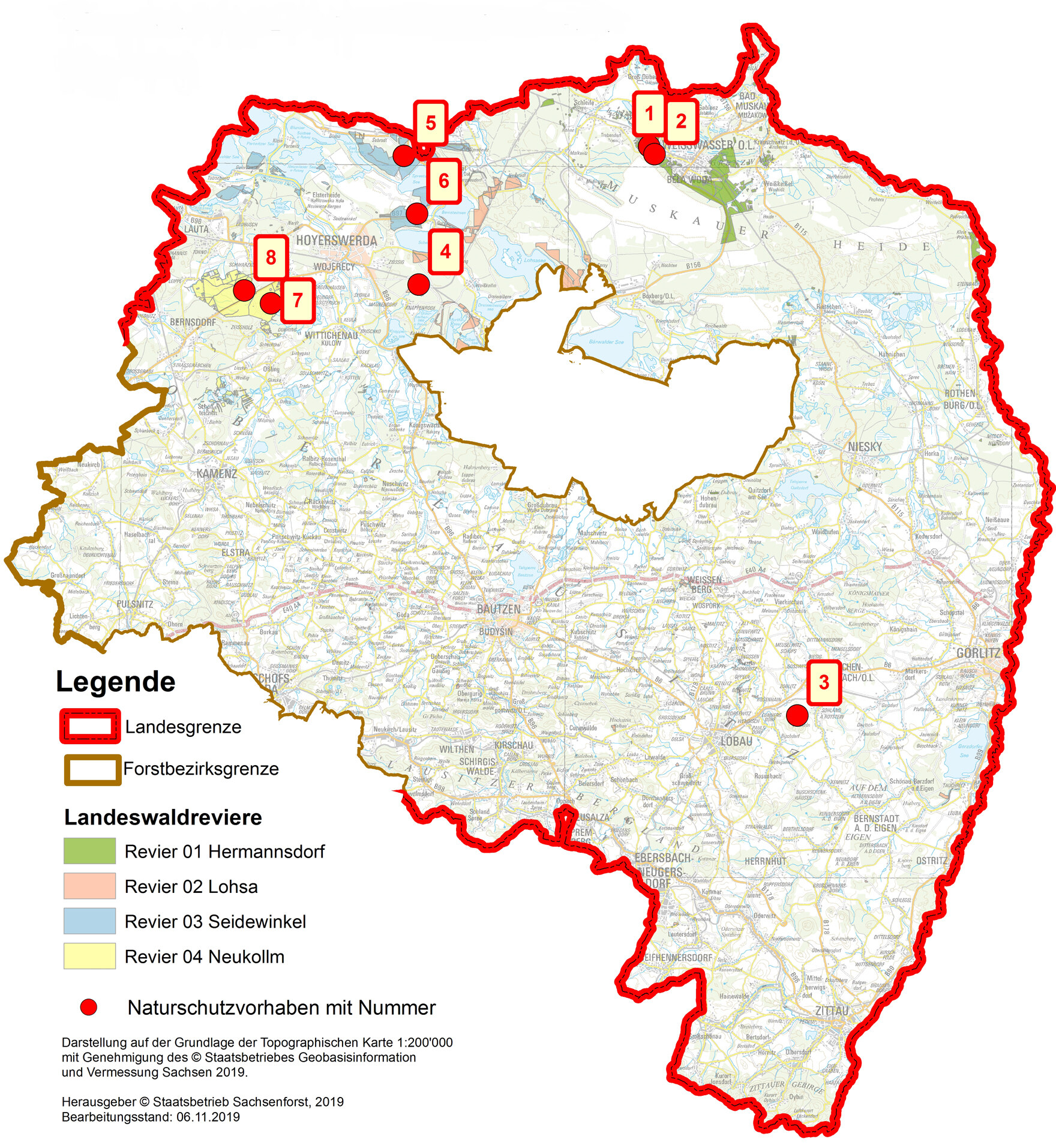 Übersichtskarte des Forstbezirkes Oberlausitz mit den Einzelvorhaben.