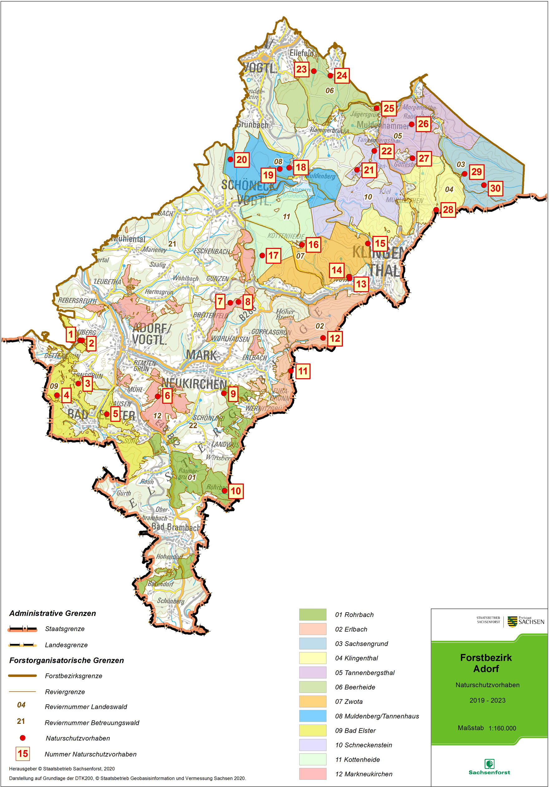 Übersichtskarte des Forstbezirkes mit den Standorten der Naturschutzprojekte