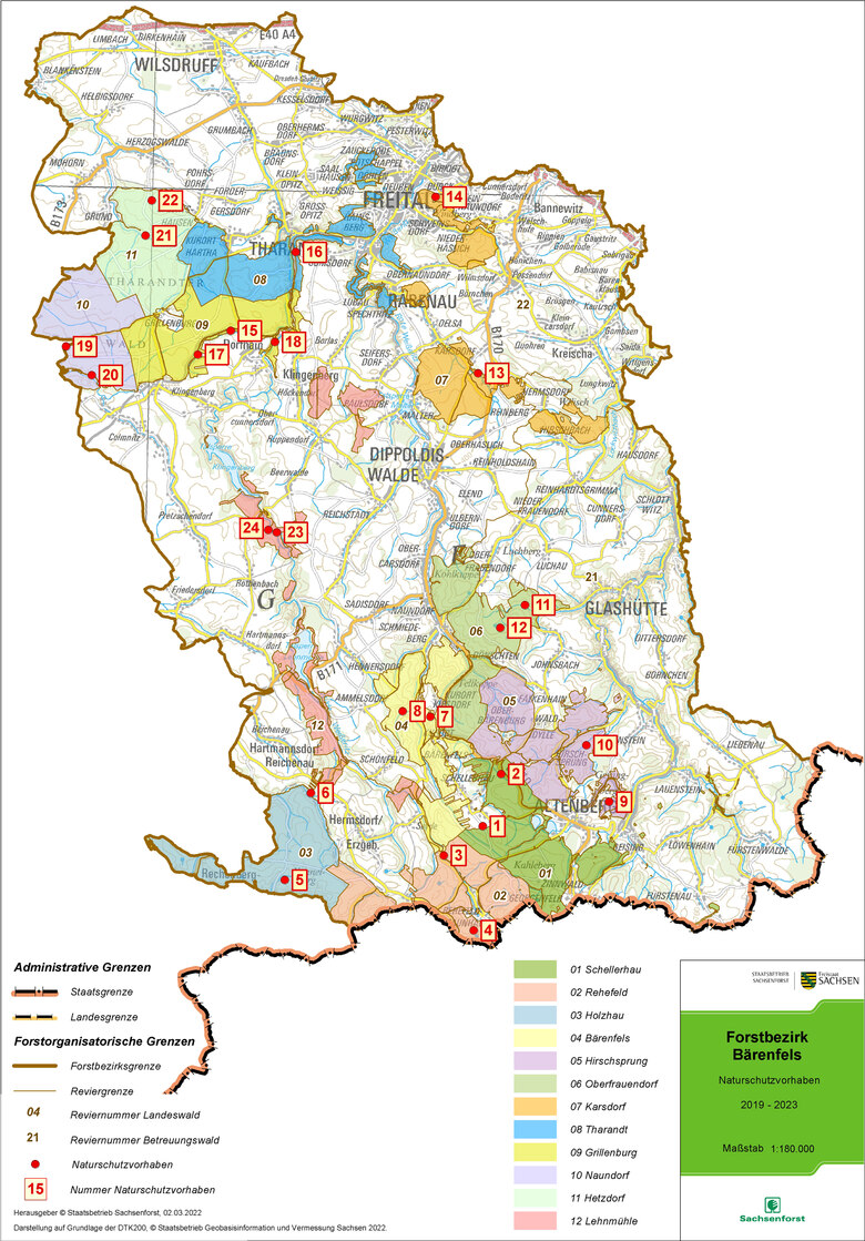 &Uuml;bersichtskarte des Forstbezirkes mit eingezeichneten Standorten der Naturschutzprojekte.