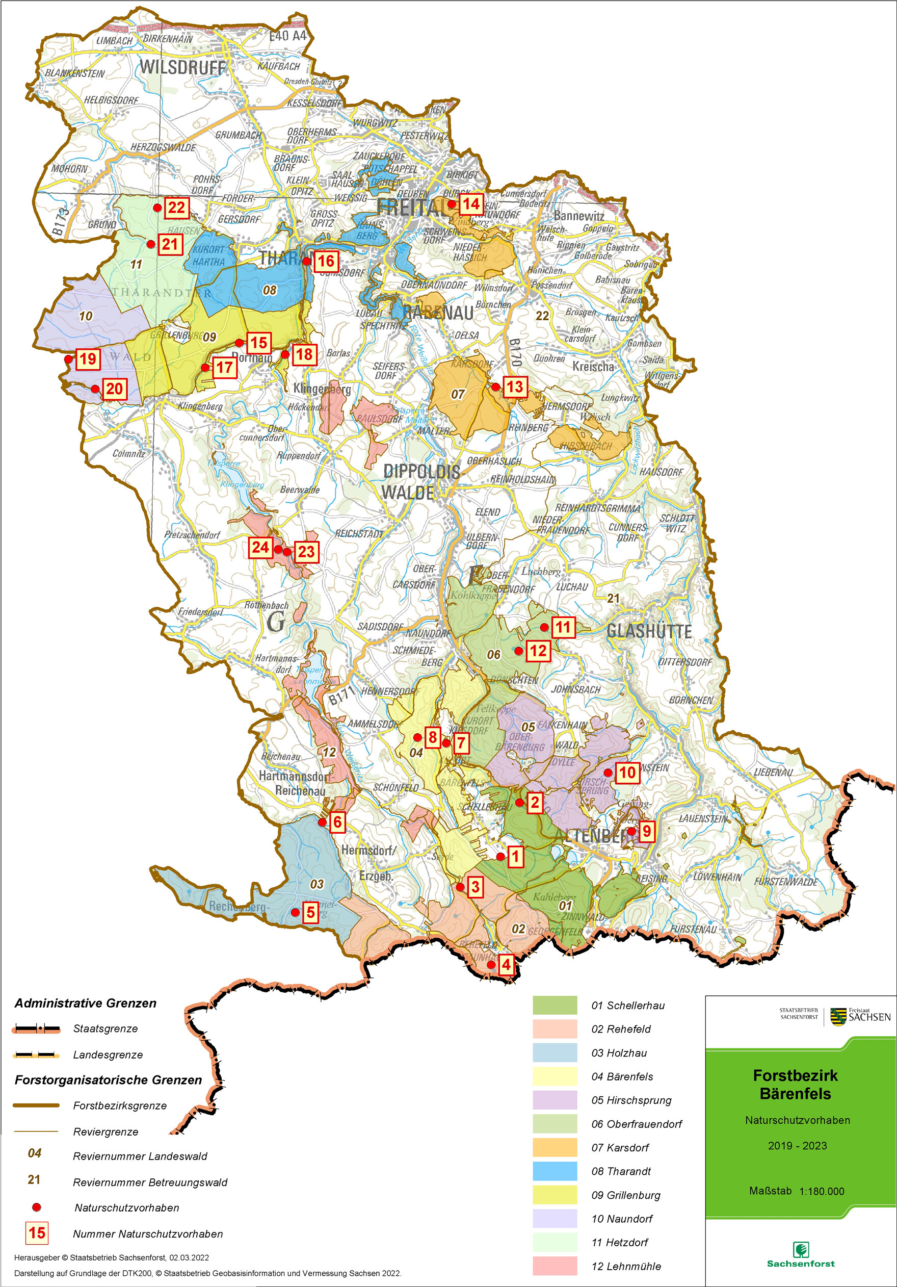 Übersichtskarte des Forstbezirkes mit eingezeichneten Standorten der Naturschutzprojekte.