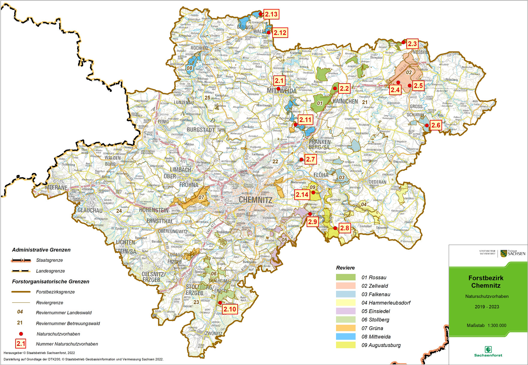 Übersichtskarte der Naturschutzvorhaben im Forstbezirk Chemnitz