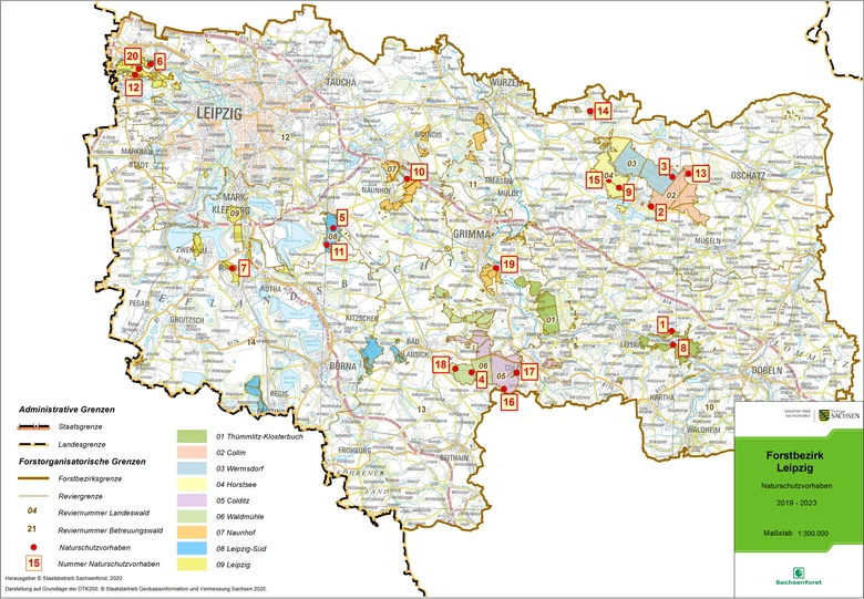 &Uuml;bersichtskarte des Forstbezirkes Leipzig mit den Standorten der Naturschutzprojekte