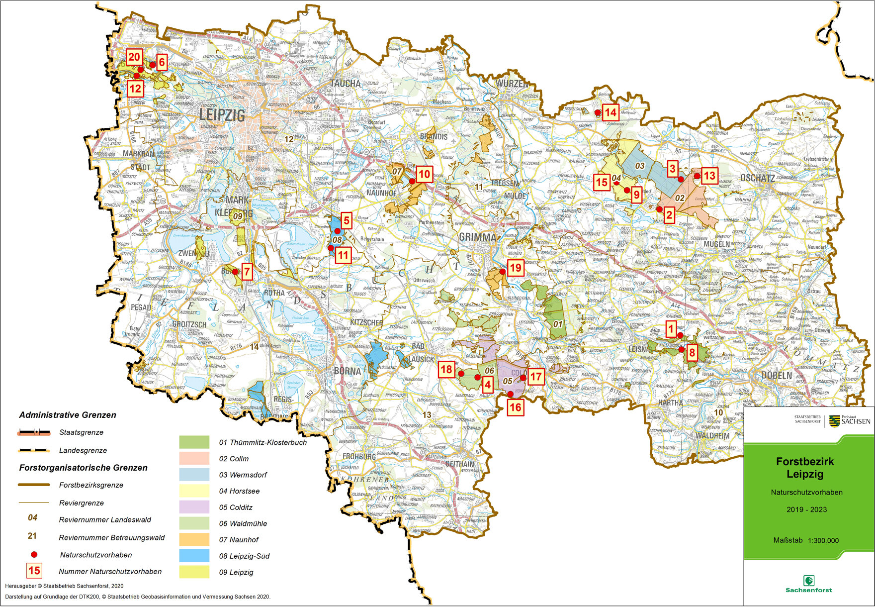 Übersichtskarte des Forstbezirkes Leipzig mit den Standorten der Naturschutzprojekte