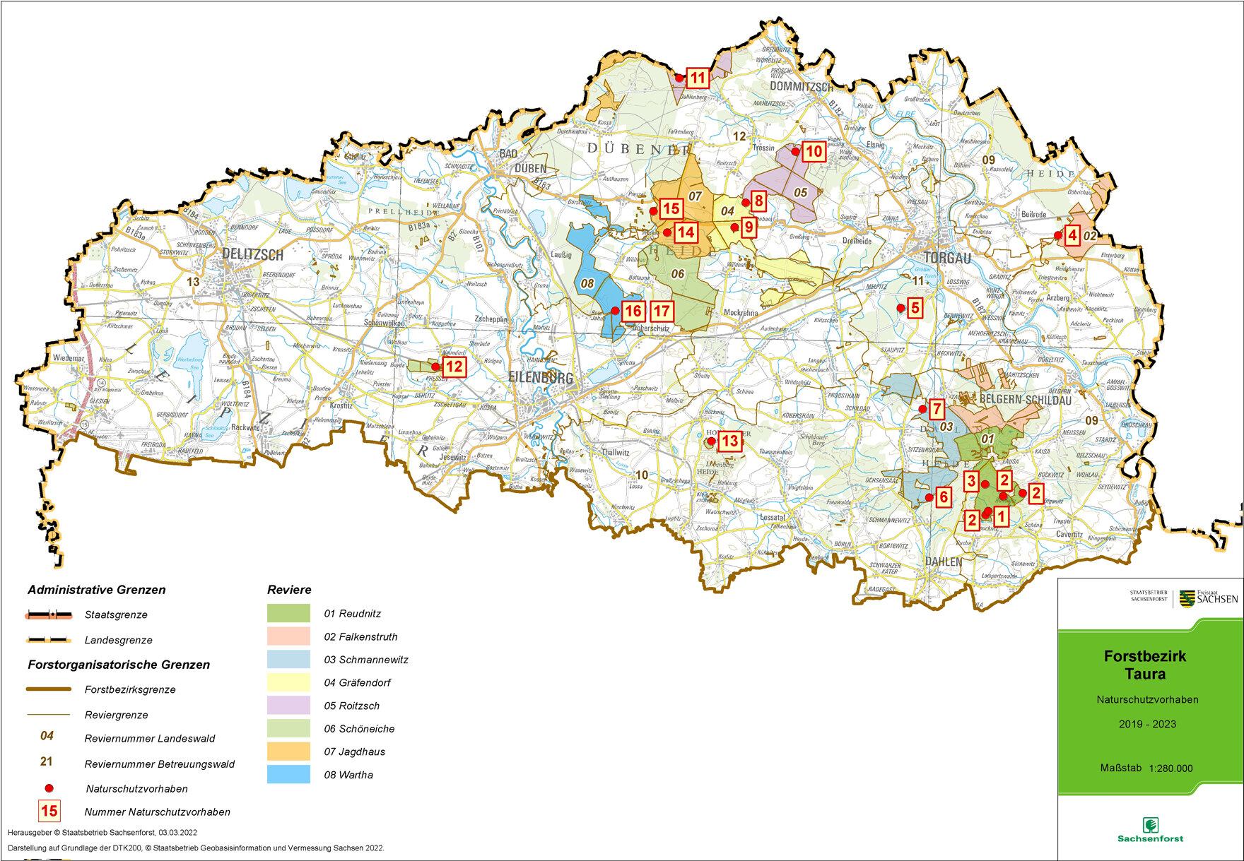 Übersichtskarte des Forstbezirkes mit eingezeichneten Standorten der Naturschutzprojekte