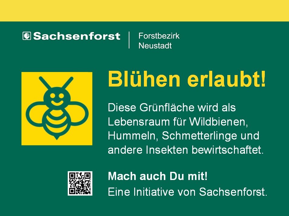 Ein Schild mit Logo, QR-Code und dem Hinweis auf eine Fläche der Aktion "Blühen erlaubt" und der Aufforderung, mitzumachen.