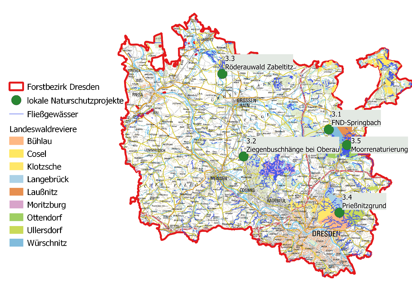 Übersichtskarte des Forstbezirkes mit Standorten der Einzelvorhaben