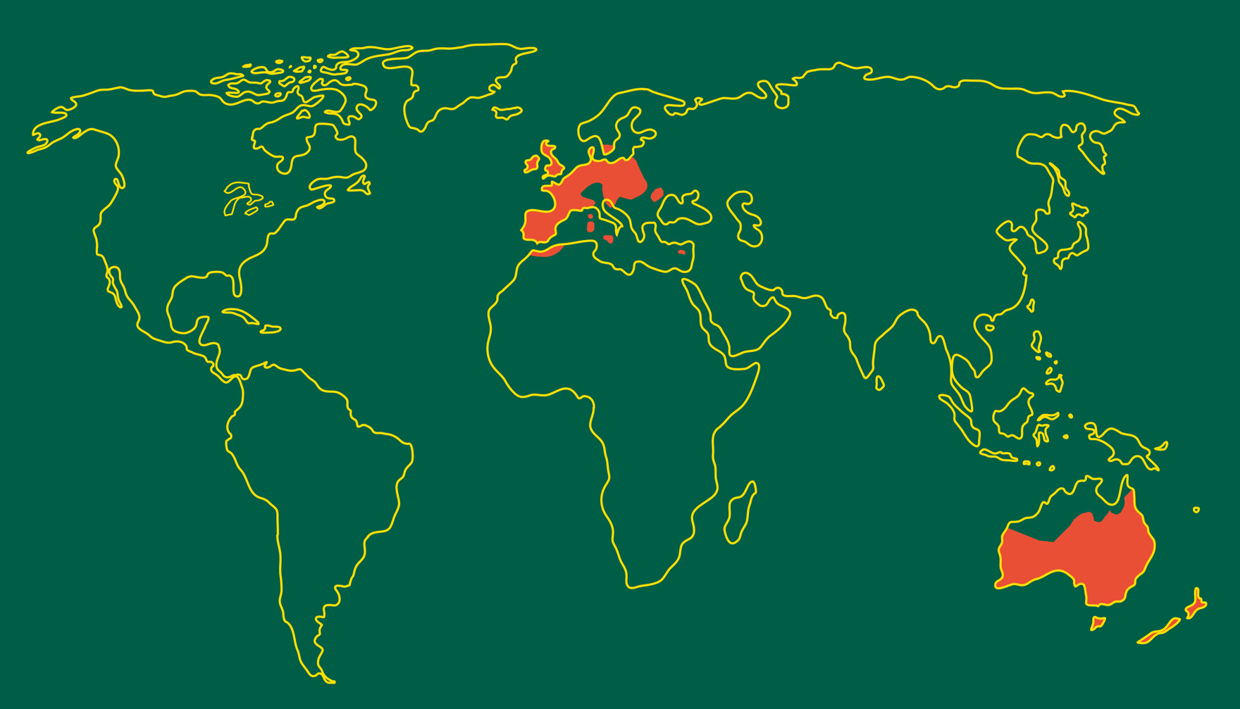 Weltkarte mit farblich markierten Verbreitungsgebieten