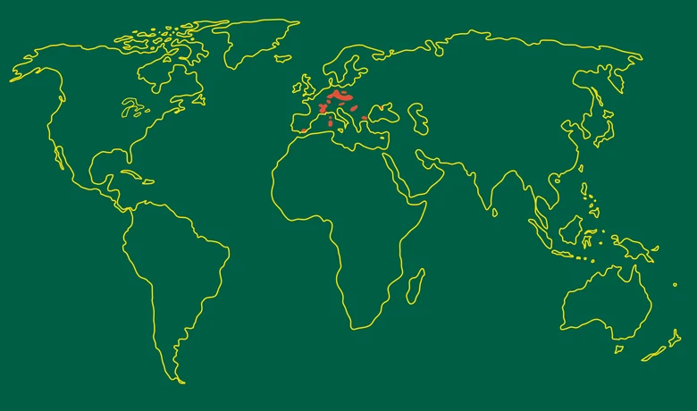 Weltkarte mit farblich markierten Verbreitungsgebieten
