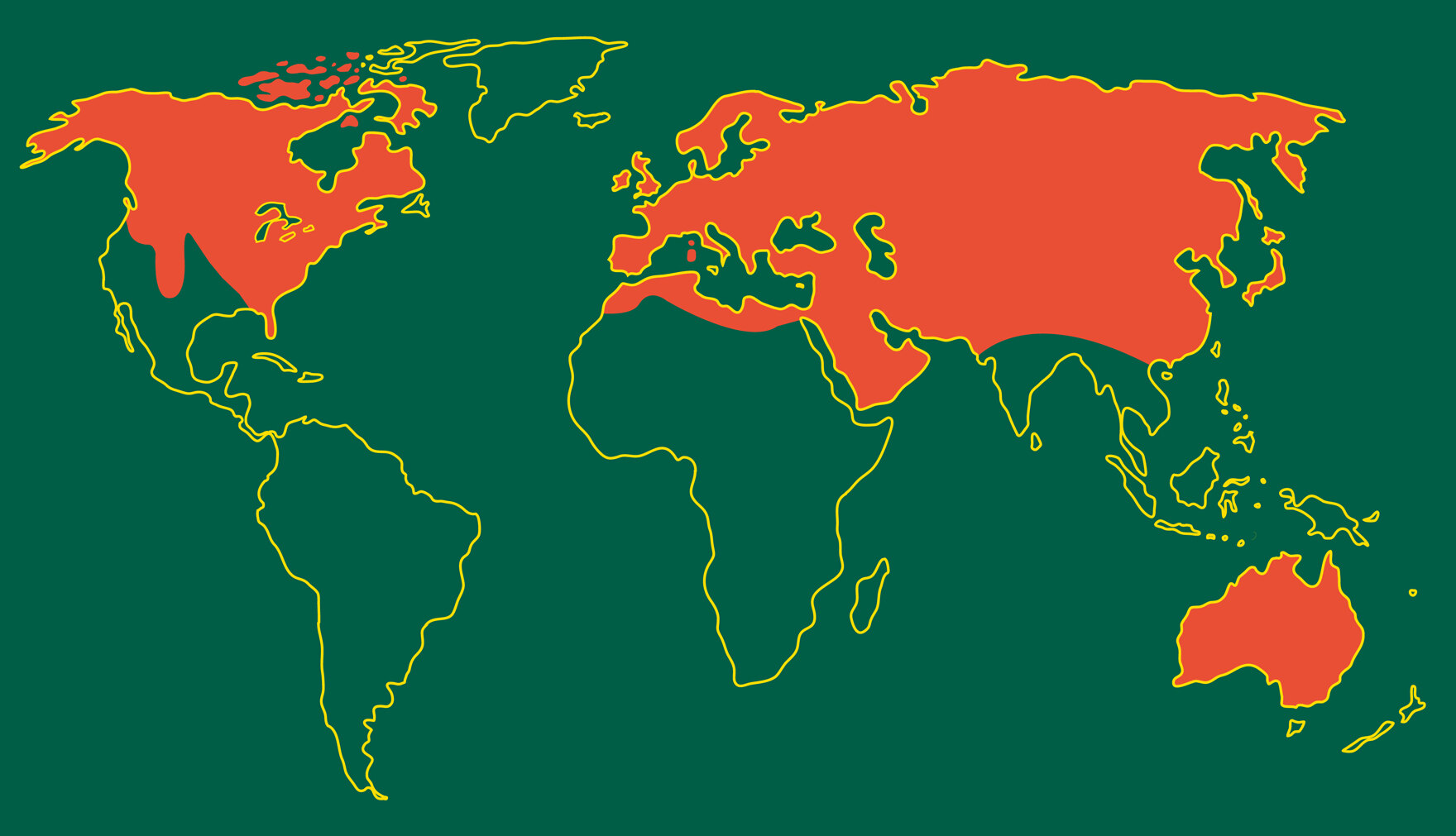 Weltkarte mit farblich markierten Verbreitungsgebieten.