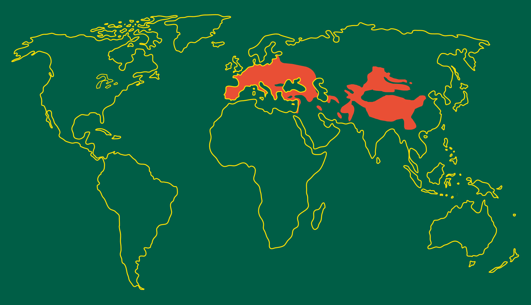 Weltkarte mit farblich markierten Verbreitungsgebieten