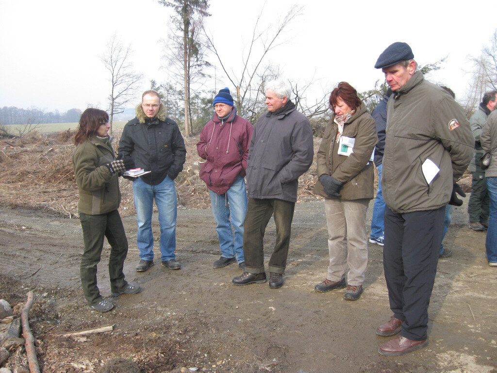 Mitglieder einer Forstbetriebsgemeinschaft diskutieren auf einem Waldweg