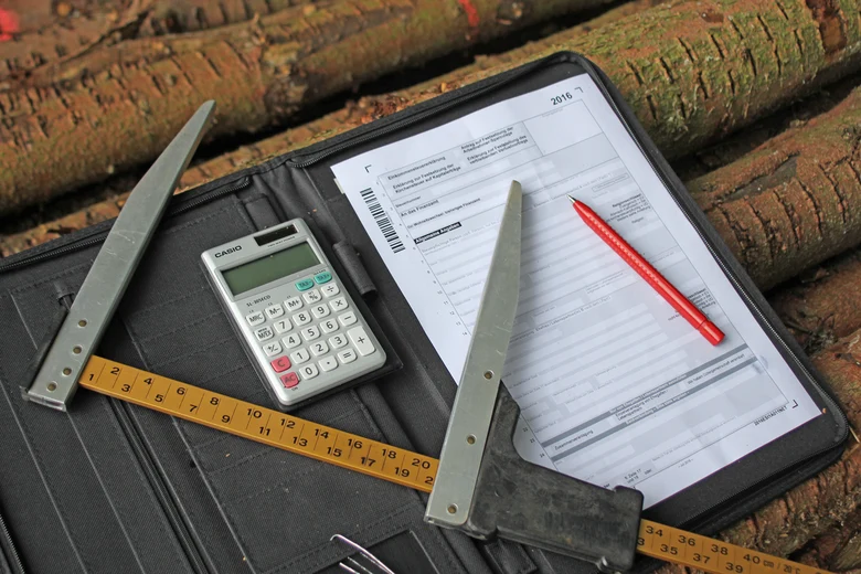 Stilleben von Kluppe, Taschenrechner und Stift auf einem leeren Formular zur Steuererkl&auml;rung.