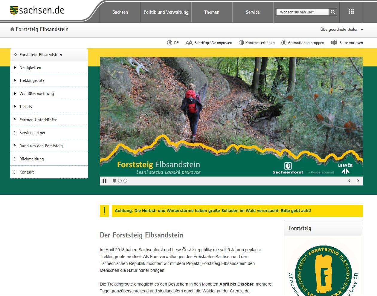 Bildschirmfoto der Seite Forststeig