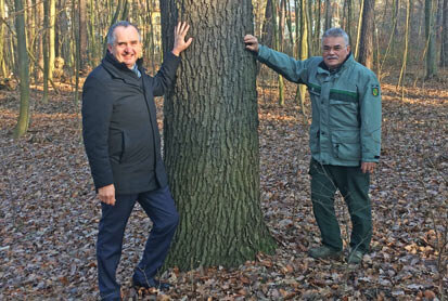 Minister Thomas Schmidt (links) und Professor Braun an einem Baum