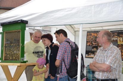 Besucher stehen an einem Stand zur Thematik Honigbiene