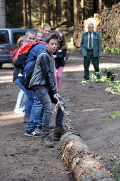 Sch&uuml;ler ziehen gemeinsam einen Baumstamm an einer Kette.