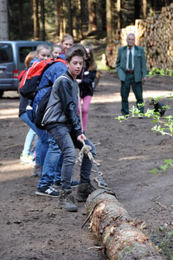 Schüler ziehen gemeinsam einen Baumstamm an einer Kette.