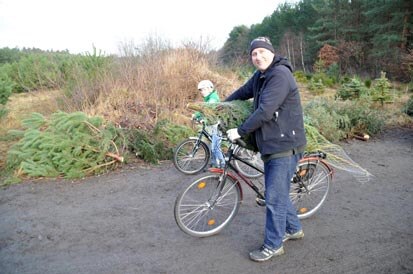 Ein Mann mit seinem Weihnachtsbaum auf dem Fahrrad.
