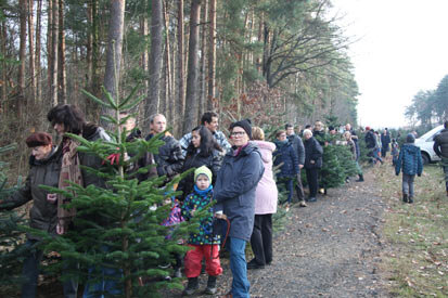 Eine lange Schlange von Weihnachtsbaumkäufern.